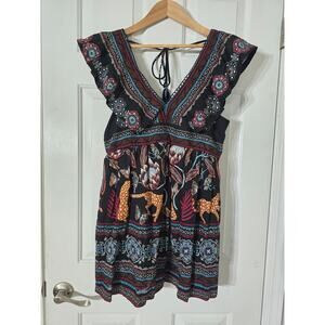 Anthropologie Boho Animal Print Babydoll Dress Sz S Tassel Tie V-Neck Ruffle